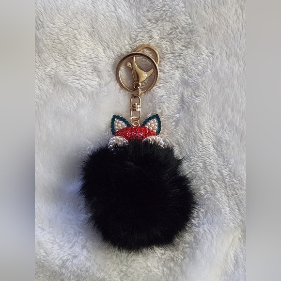 Accessories - Black and Red Pom Pom Fox Keychain Bag Charm